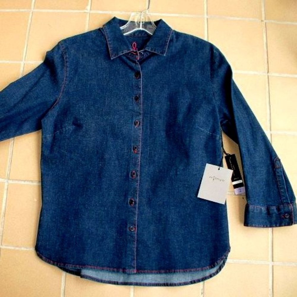 NEW WOMYN DARK DENIM COTTON BUTTON DOWN SHIRT MED